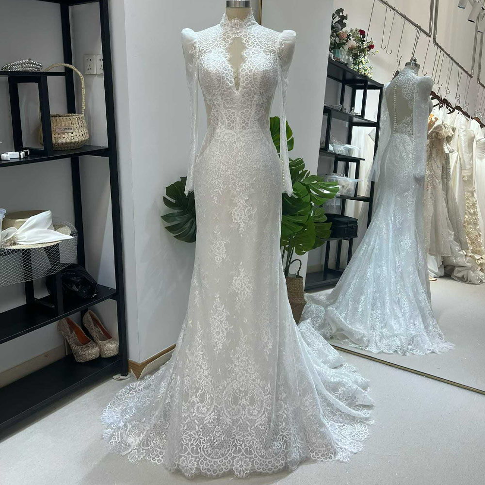 Embroidery Organza - ชุดแต่งงานแขนยาวทรงเต่าสำหรับผู้หญิง ปี 2026 ปักลายแบบเมอร์เมด ชุดเจ้าสาวสั่งตัดได้ ชุดแต่งงานหรูหรา