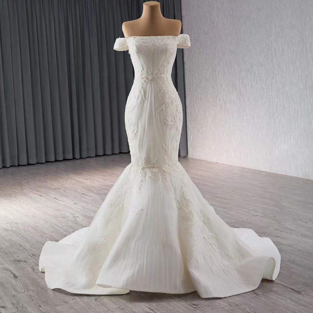 Embroidery Organza - งานแต่งงานชุดที่ไม่มีสายหนังปิดไหล่ลูกไม้ขึ้นกลับA Ppliquesเย็บปักถักร้อยเจ้าสาวที่กําหนดเองชุดแต่งงานนางเงือก
