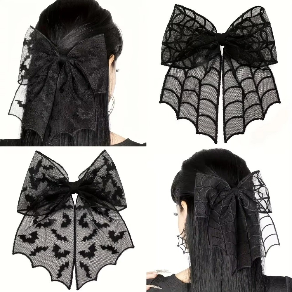 Embroidery Gothic - กิ๊บติดผมผ้าลูกไม้โปร่งลายปักรูปค้างคาวสไตล์โกธิค กิ๊บติดผมฮาโลวีน โบว์ตาข่าย โบว์ต้นคริสต์มาส