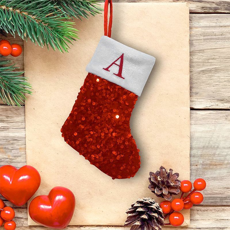 Embroidery Xmas Ornaments - ถุงเท้าคริสต์มาสสีแดงประดับเลื่อม ปักตัวอักษร A ขอบกำมะหยี่สีเทา สำหรับแขวนเป็นของขวัญคริสต์มาส ตกแต่งต้นคริสต์มาส