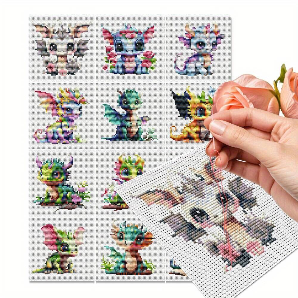 Embroidery X Stitch - ชุดปักครอสติชลายมังกร 12 ชิ้น ผ้าพิมพ์ลาย 11CT ชุดงานฝีมือปักลายสัตว์