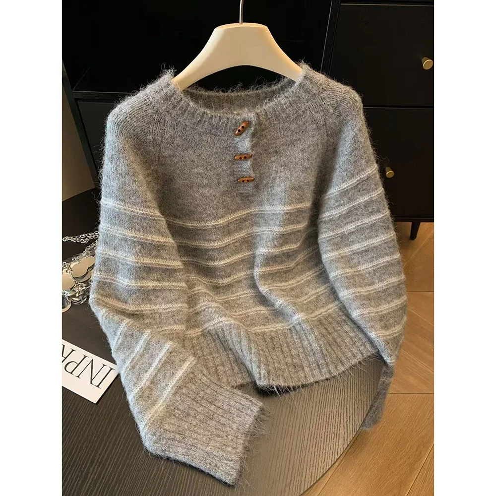 Embroidery Shirt - เสื้อสเวตเตอร์ไหมพรมแคชเมียร์ลายทางสำหรับผู้หญิง ฤดูใบไม้ร่วง ฤดูหนาว ทรงหลวม อุ่นสบาย เสื้อถักแบบสวม