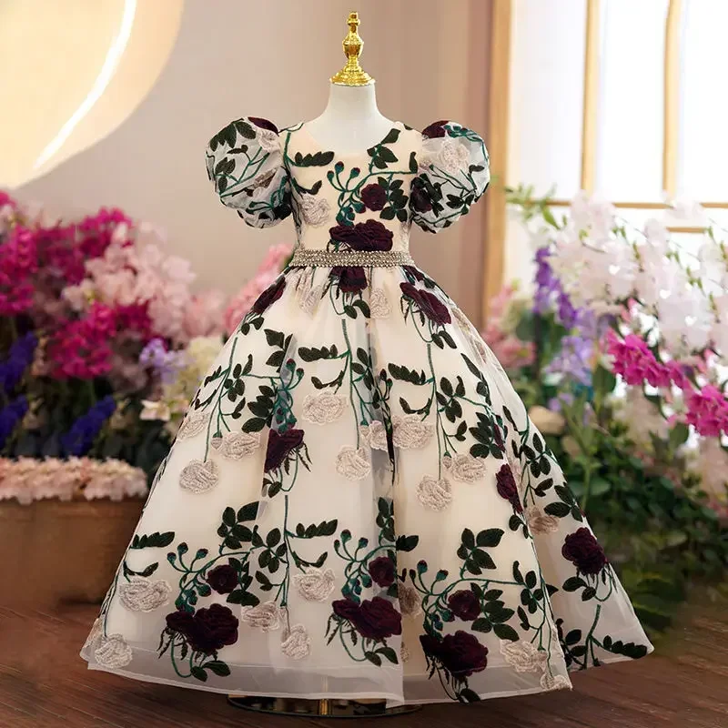 Embroidery Web - ชุดเดรสชุดออกงานกลางคืนยาวปักลายสำหรับวัยรุ่นชุดเดรสงานพรอมแบบทางการสำหรับเด็ก3-15Y ที่สง่างามสำหรับเด็กผู้หญิง
