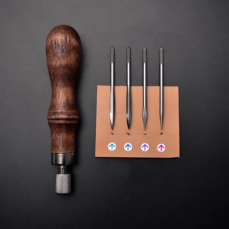 Punch Needle Handle - ชุดเครื่องมือเจาะหนัง 4-in-1 พร้อมด้ามไม้ - เข็มเปลี่ยนได้ 4