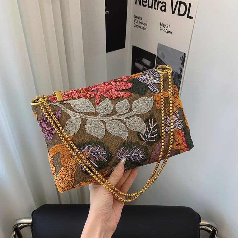 Embroidery Bali - กระเป๋าคลัทช์ปักเลื่อมสำหรับผู้หญิง สายโซ่สะพายไหล่ กระเป๋าสะพายข้างลำลอง กระเป๋าชายหาดฤดูร้อน กระเป๋าถือขนาดเล็กสำหรับผู้หญิง กระเป๋าปาร์ตี้สไตล์บาหลี