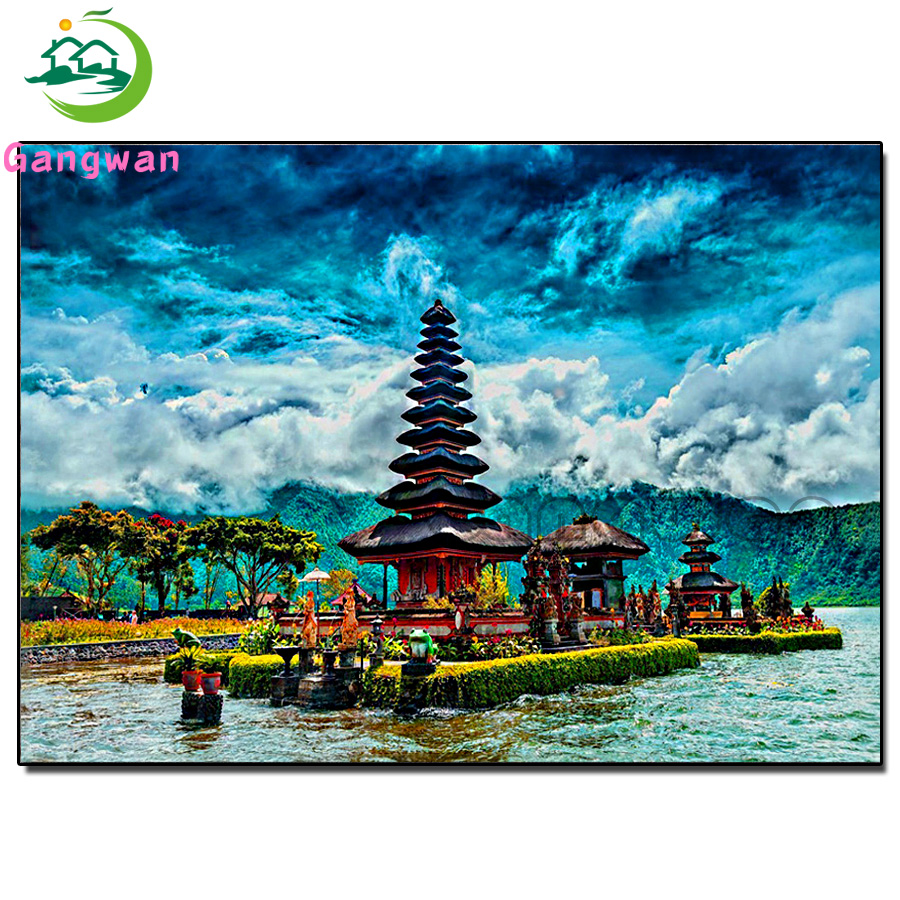 Embroidery Bali - ภาพวิวอาคารที่สวยงามด้วยเม็ดเพชรโมเสกเบอเรี5D อินโดนีเซียชุดเย็บปักถักร้อยทำด้วยมือแบบทำมือชุดตกแต่งเจาะทรงกลมสี่เหลี่ยมเต็มรูปแบบ