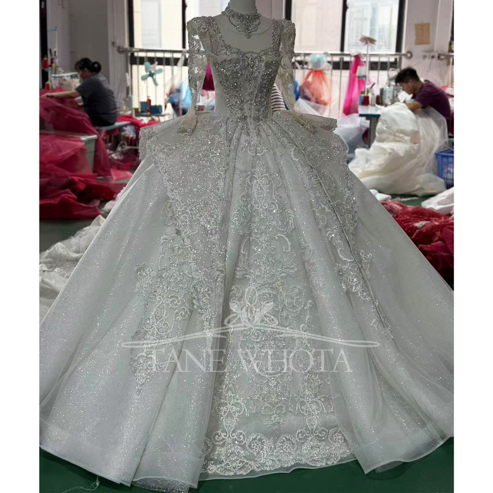 Embroidery Organza - ชุดแต่งงานประดับคริสตัลเลื่อม คอทรงโอ แขนยาว ผูกเชือกด้านหลังแบบคีย์โฮล สำหรับผู้หญิง