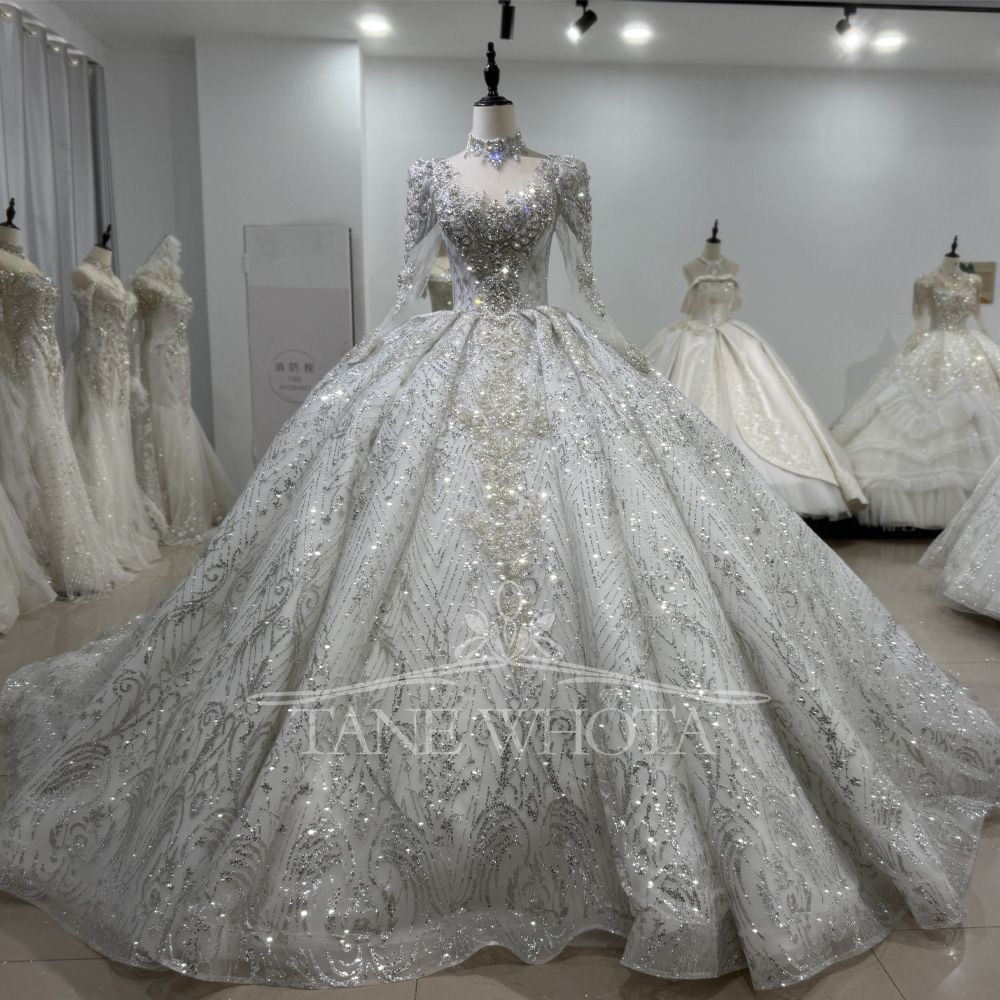 Embroidery Organza - Elegant Gowns แต่งงานแขนยาวคอชุดบอลคริสตัลเงินลูกไม้ชุดเจ้าสาวยาวรถไฟ