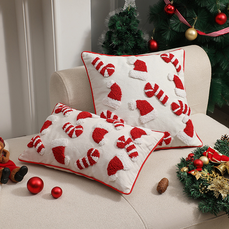 Embroidery Xmas Ornaments - คริสต์มาสสีแดงหมอนตกแต่งหมวกซานตาคลอสการ์ตูนเย็บปักถักร้อยเบาะรองนั่ง Home Decor Tufted โซฟา Xmas