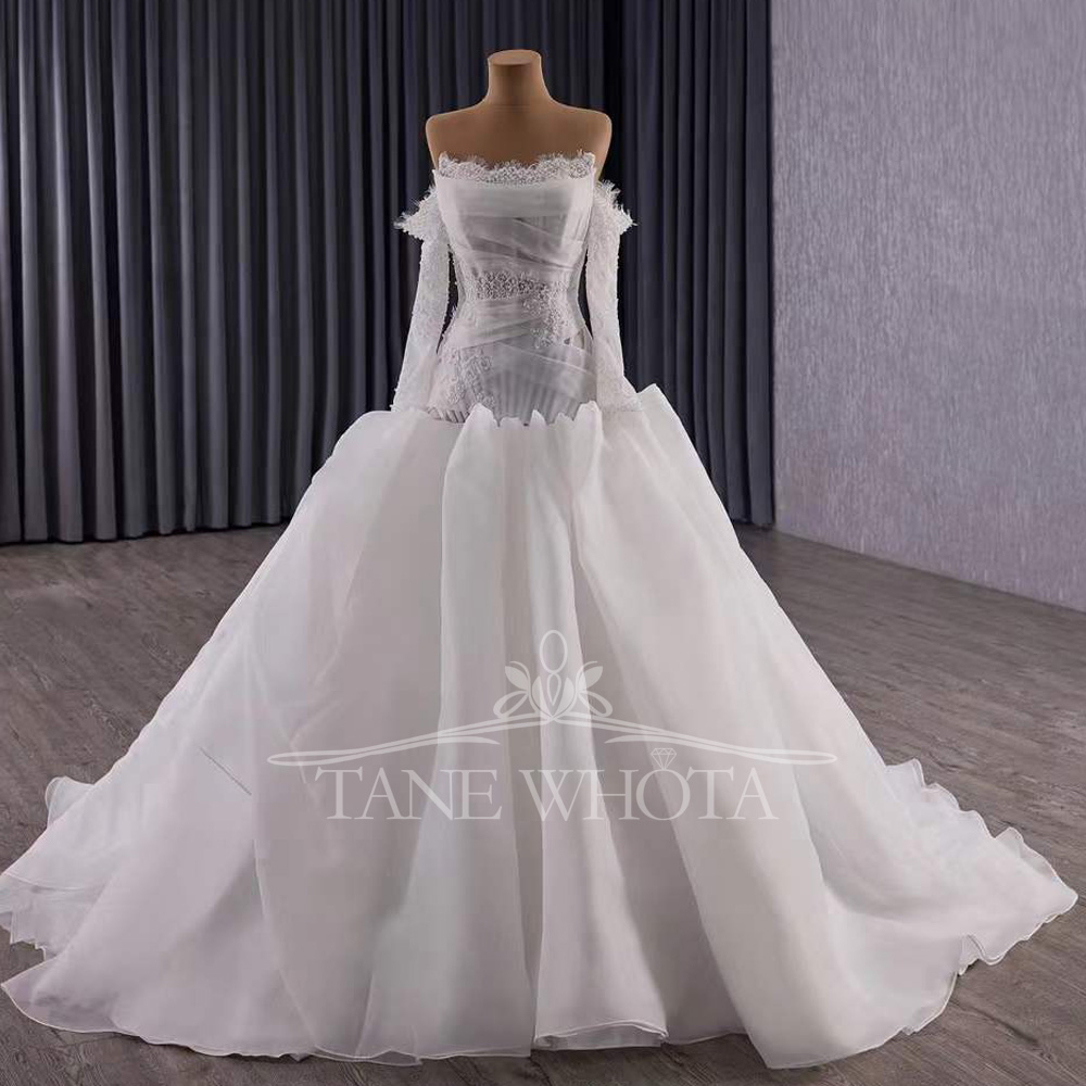 Embroidery Organza - Vestidos Novias Boda Strapless แขนยาว Lace