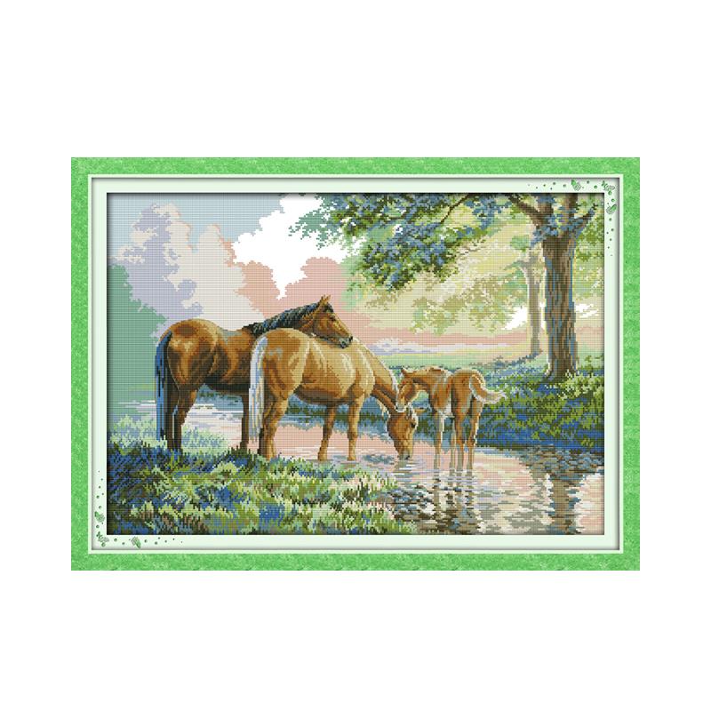 Embroidery X Pattern - Joy SundayชุดปักครอสติสStampedครอบครัวม้ารูปแบบ 14CT 11CTพิมพ์Cross Stitchชุดทำด้วยมือเย็บปักถักร้อยชุด