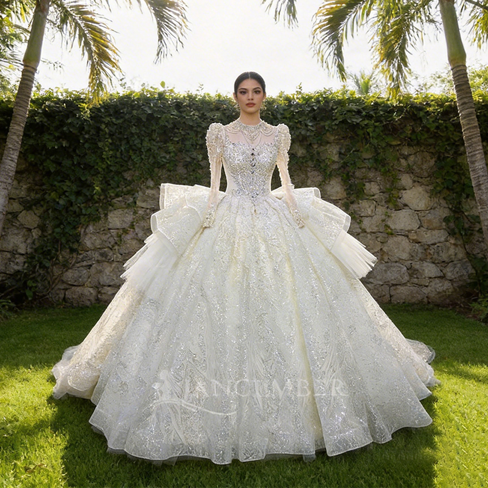Embroidery Organza - ชุดแต่งงานคอสูงเก๋ไก๋ คอร์เซ็ทคุณภาพสูงสำหรับผู้หญิง ชุดราตรีทรงบอลกาวน์สั่งตัดได้ โรแมนติก แขนยาว ชุดเจ้าสาวแบบยาว