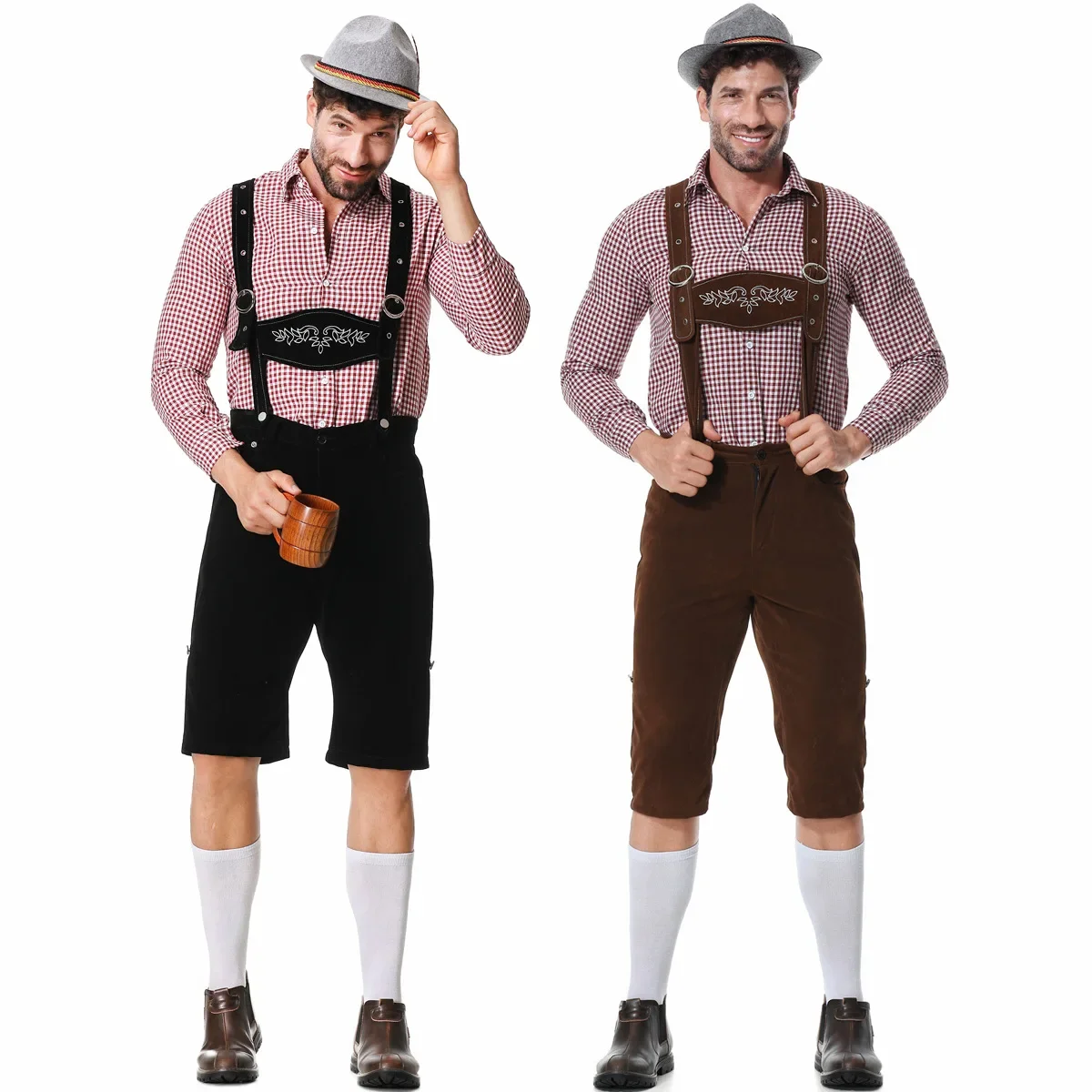 Embroidery Shirt - เยอรมนีมิวนิคแบบดั้งเดิม Oktoberfest Carnival เสื้อผ้าเสื้อลายสก๊อตเย็บปักถักร้อย Suspenders และหมวกชุด