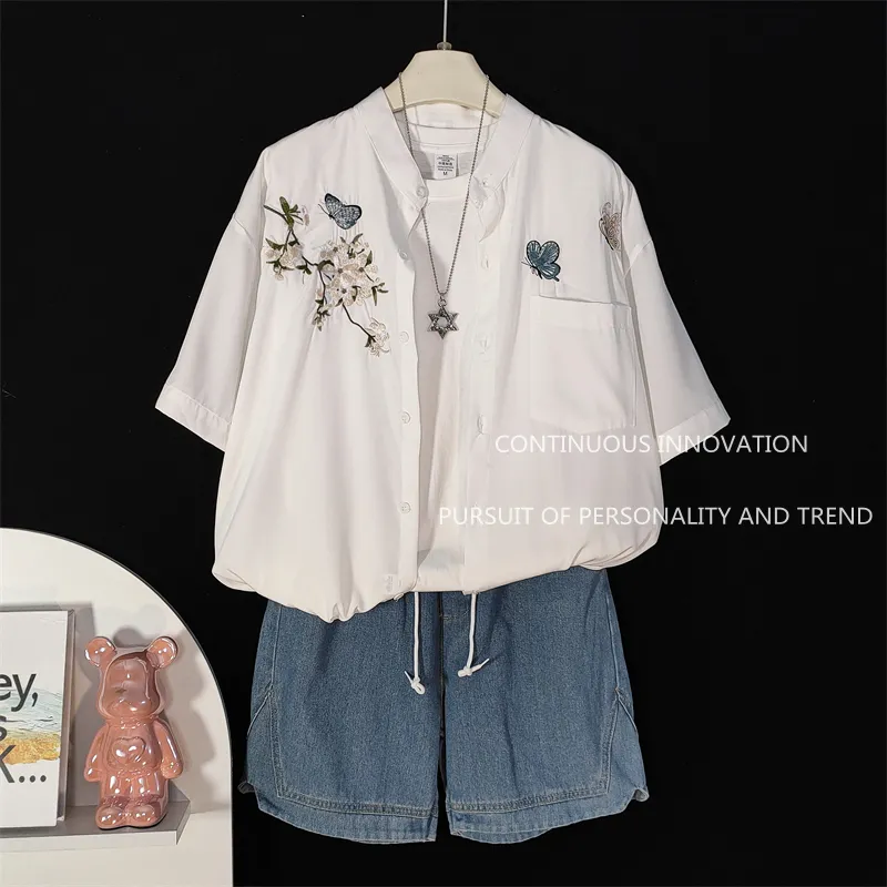 Embroidery Shirt - ชุด 3 ชิ้นสำหรับผู้ชาย เสื้อเชิ้ตแขนสั้นปักลายสไตล์จีน เสื้อกล้าม กางเกงยีนส์ขาสั้น