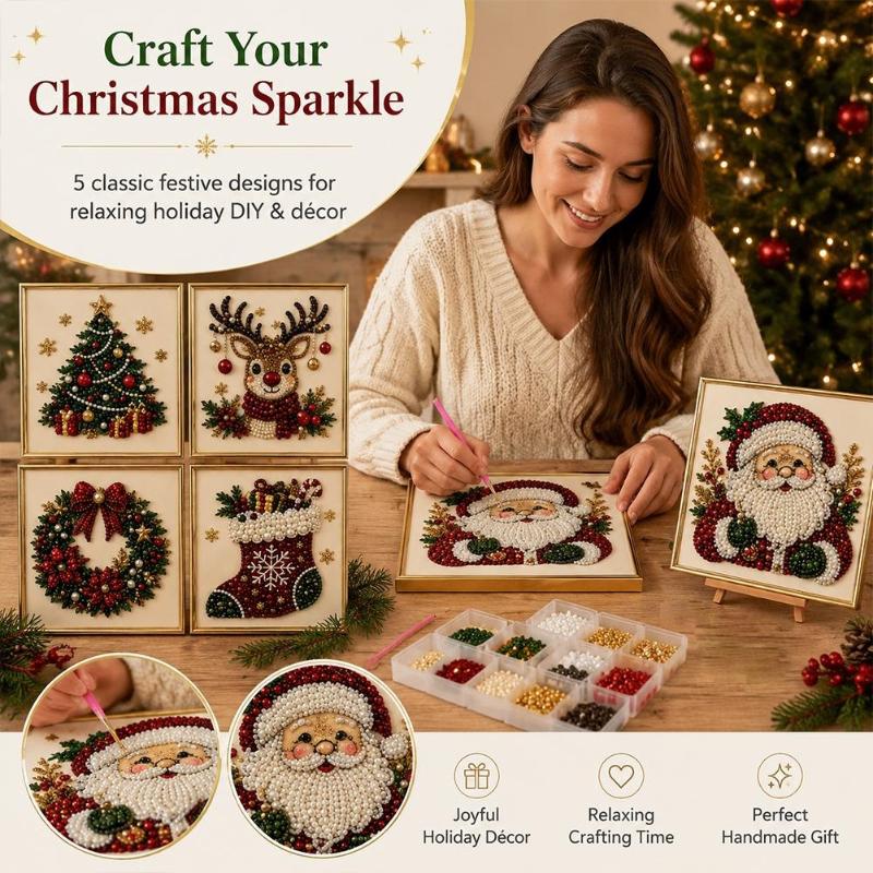 Embroidery Xmas Ornaments - ชุดงานฝีมือปักลูกปัดลายซานตาคลอสสำหรับคริสต์มาส พร้อมกรอบตกแต่งผนัง ของขวัญคริสต์มาสสำหรับเด็กและผู้ใหญ่
