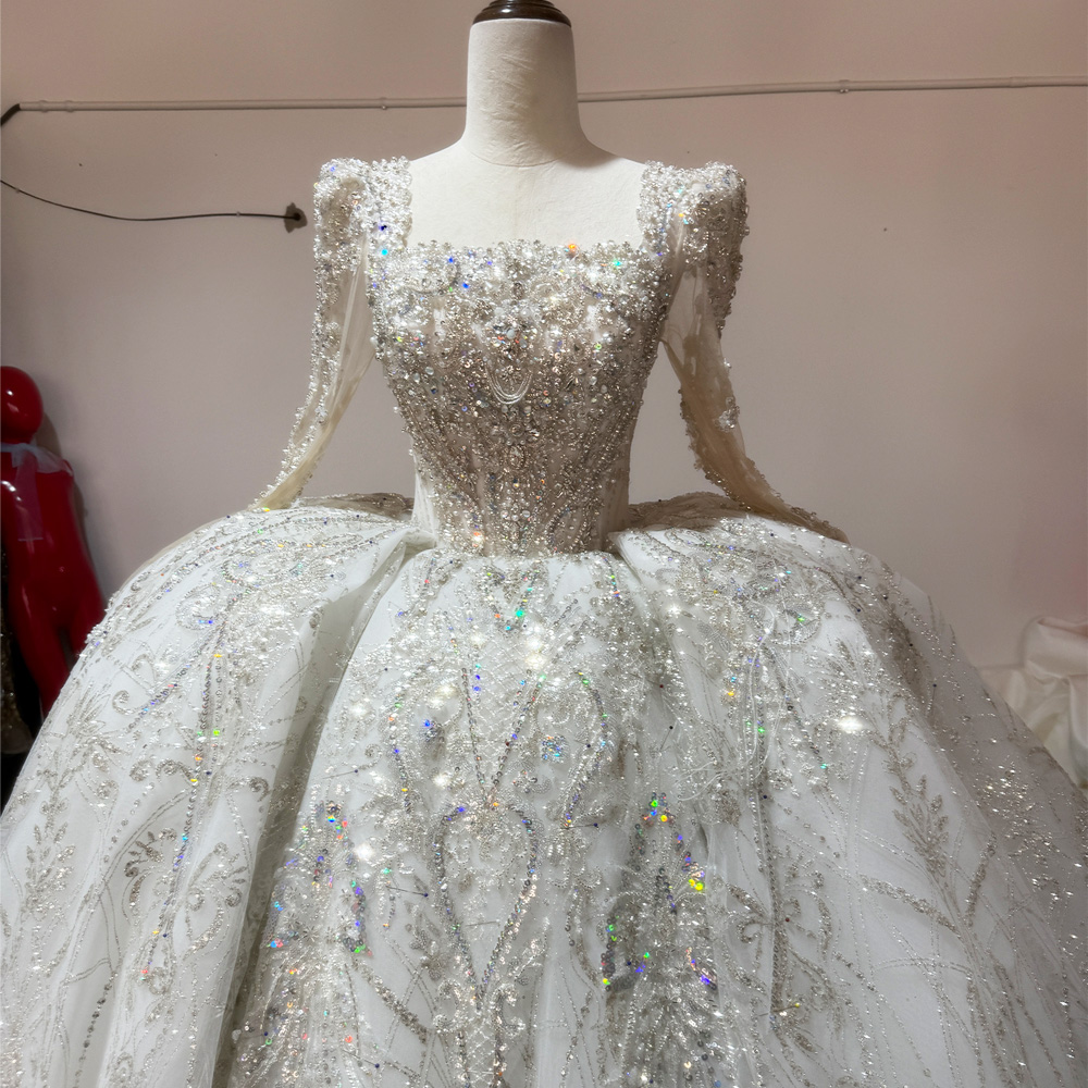Embroidery Organza - Vestido Boda Civil Dress สแควร์คอยาวแขนยาว Lace