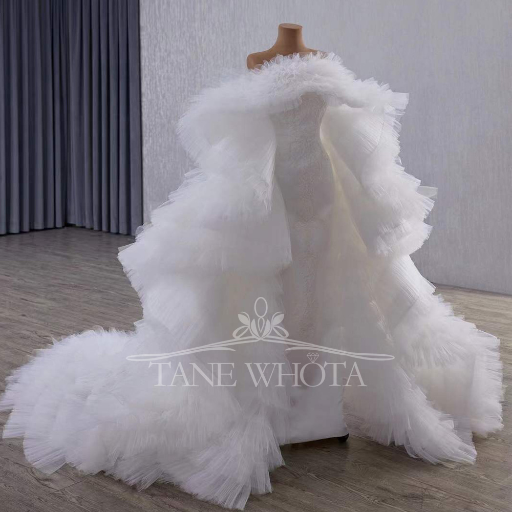 Embroidery Organza - ชุดเดรสทรงเมอร์เมดหรูหราสำหรับงานแต่งงาน แต่งระบายเป็นชั้นๆ ผูกเชือกด้านหลัง สำหรับผู้หญิง ชุดสำหรับโอกาสพิเศษ