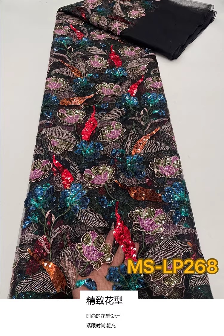 Embroidery Web - ผ้าตาข่ายเนื้อนุ่มแบบใหม่ 1 หลา ผ้าปักลายดอกไม้ประดับเลื่อมสองสี หรูหรา สำหรับตัดเย็บชุดกี่เพ้า