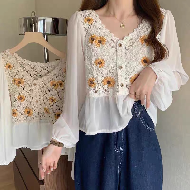เสื้อถักโครเชต์แขนยาวผ้าชีฟองป - Embroidery Daisy บทวิจารณ์และราคา