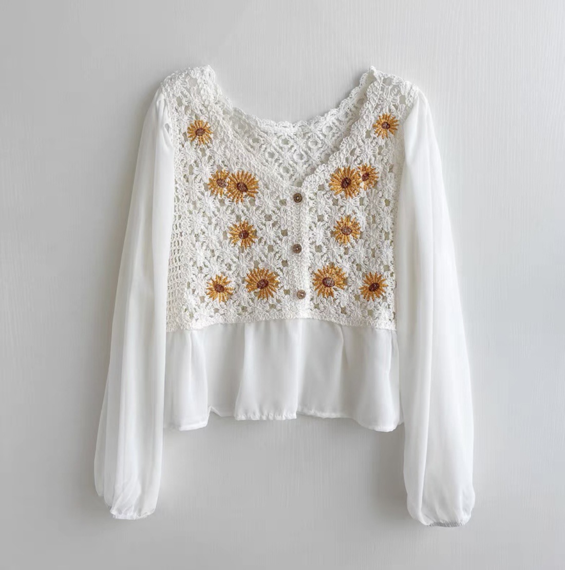 เสื้อถักโครเชต์แขนยาวผ้าชีฟองป - Embroidery Daisy บทวิจารณ์และราคา