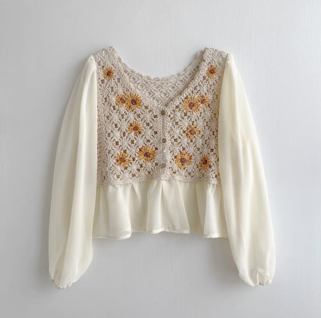 เสื้อถักโครเชต์แขนยาวผ้าชีฟองป - Embroidery Daisy บทวิจารณ์และราคา