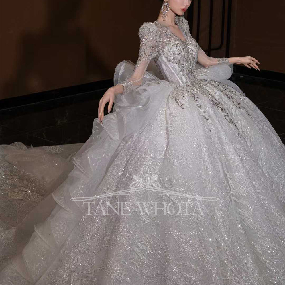 ชุดแต่งงานคอวีหรูหรา แขนยาว แต - Embroidery Organza บทวิจารณ์และราคา