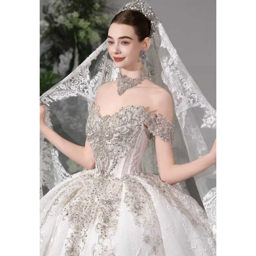 ชุดแต่งงานหรูหราแบบเปิดไหล่ทรง - Embroidery Organza บทวิจารณ์และราคา