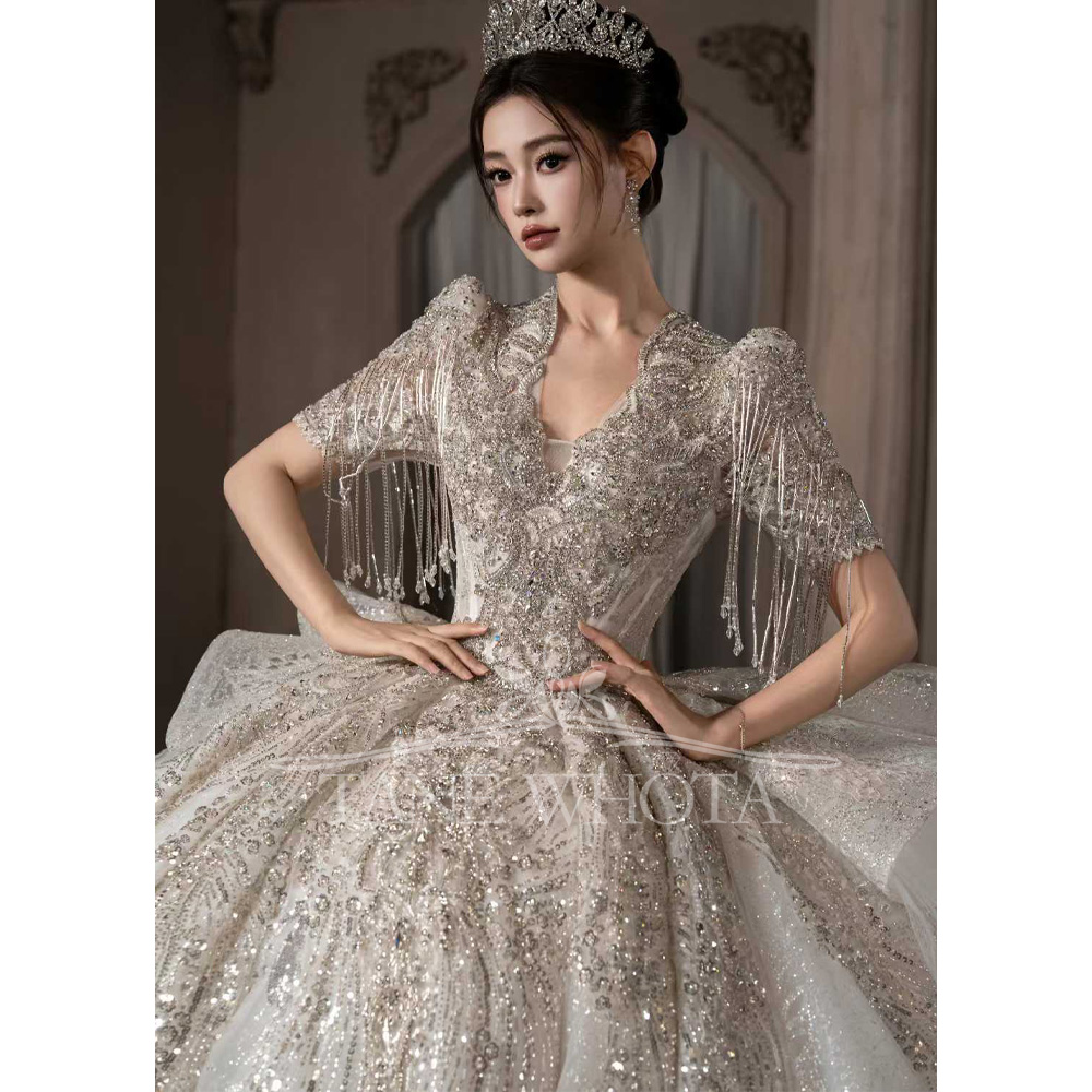 ชุดแต่งงานแบบหรูหรา แขนสั้น ปร - Embroidery Organza บทวิจารณ์และราคา