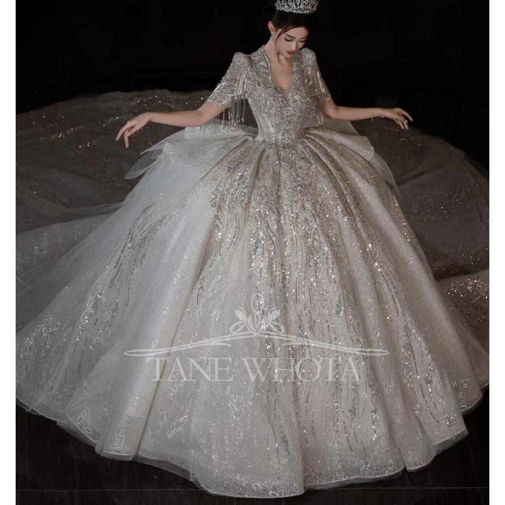 ชุดแต่งงานแบบหรูหรา แขนสั้น ปร - Embroidery Organza บทวิจารณ์และราคา