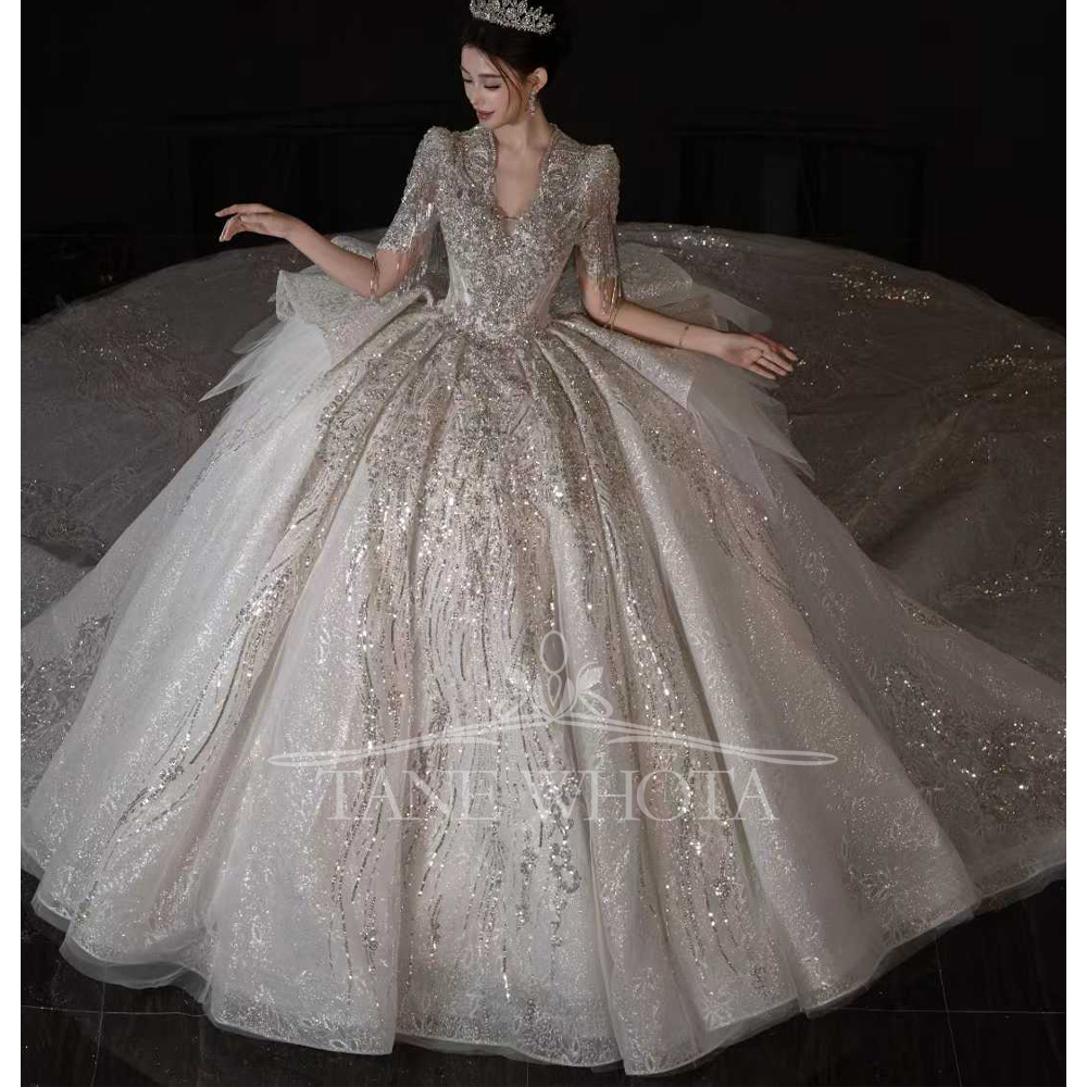 ชุดแต่งงานแบบหรูหรา แขนสั้น ปร - Embroidery Organza บทวิจารณ์และราคา