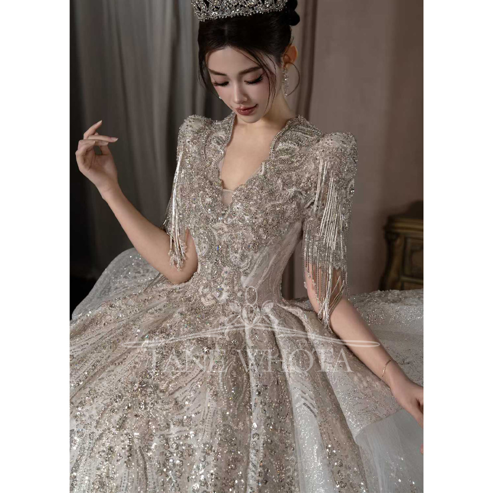 ชุดแต่งงานแบบหรูหรา แขนสั้น ปร - Embroidery Organza บทวิจารณ์และราคา