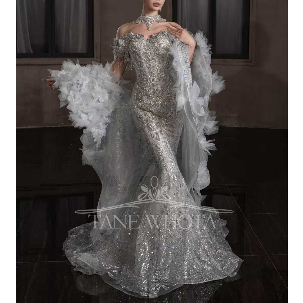 ชุดแต่งงานทรงเข้ารูปปักลายลูกป - Embroidery Organza บทวิจารณ์และราคา