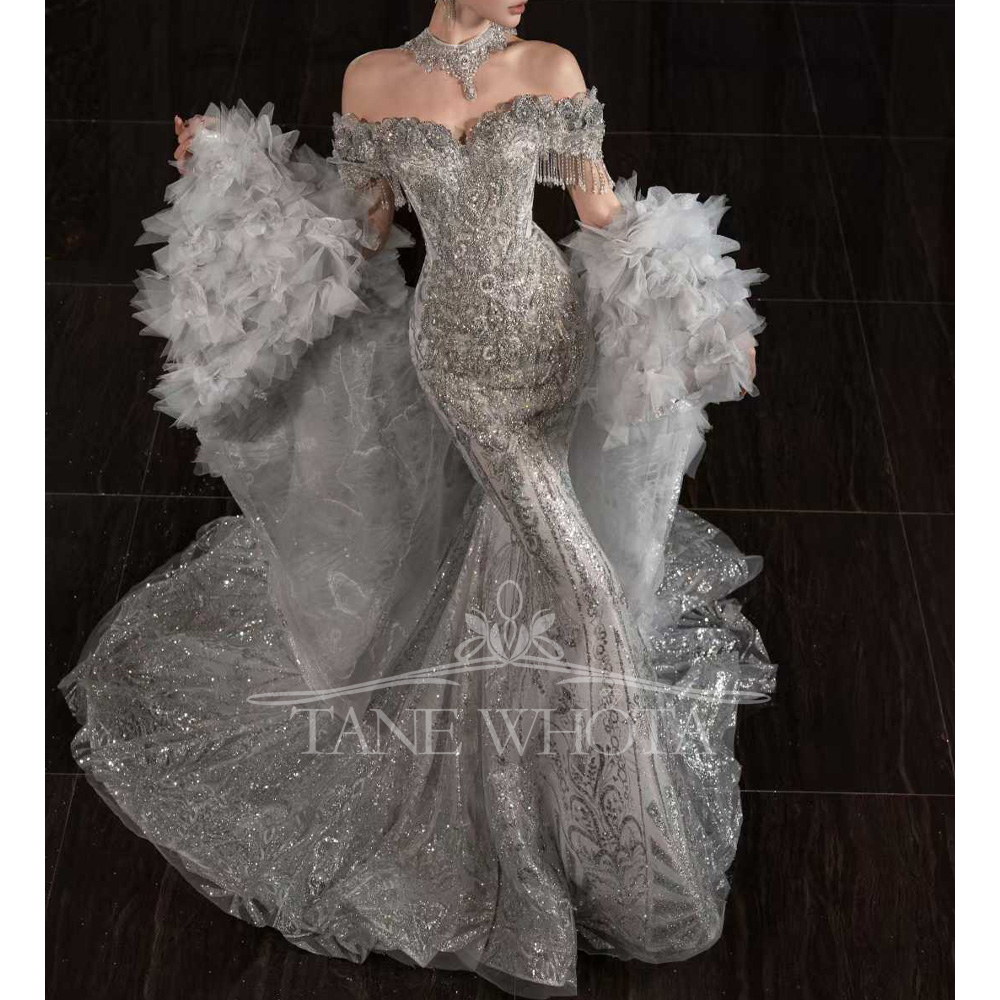 ชุดแต่งงานทรงเข้ารูปปักลายลูกป - Embroidery Organza บทวิจารณ์และราคา